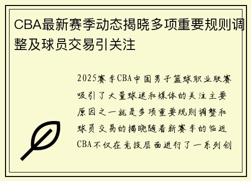 CBA最新赛季动态揭晓多项重要规则调整及球员交易引关注
